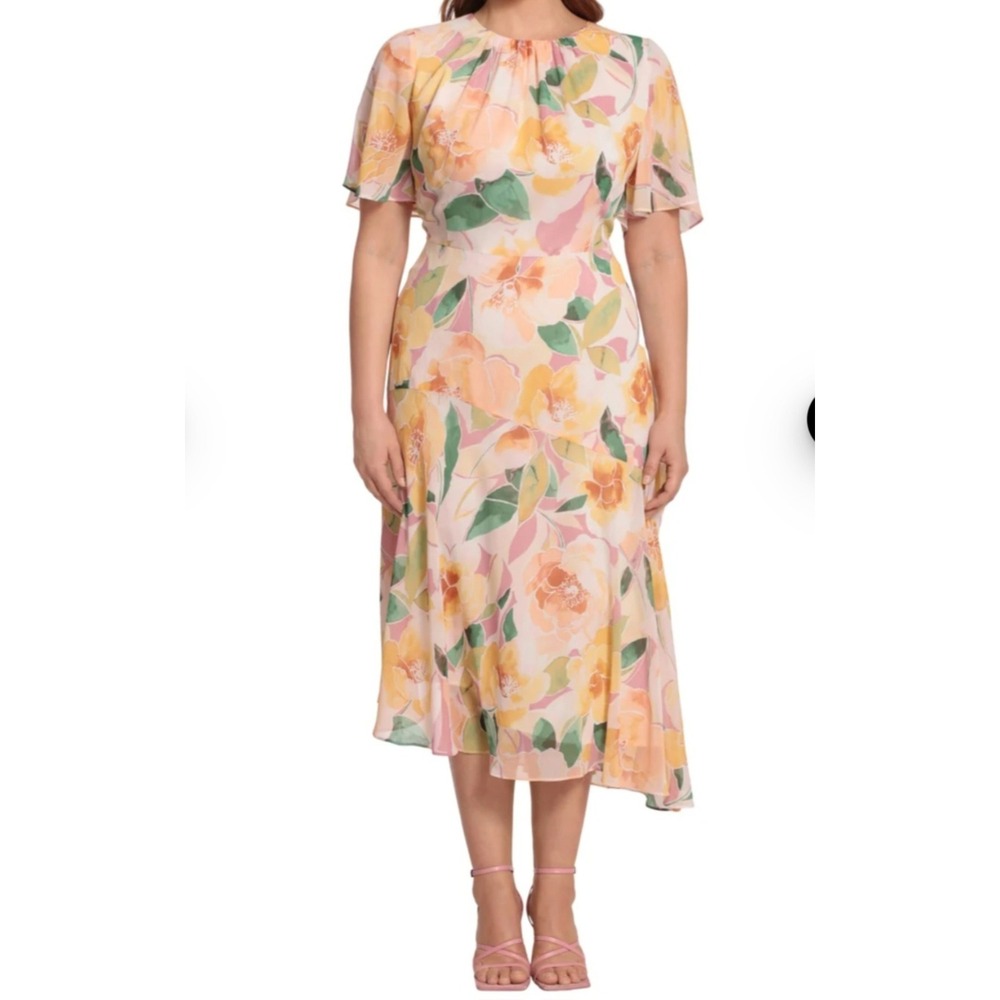 Maggy London Women Pink Flutter Sleeve Asymmetric Floral Dress - Picture 6 of 6